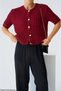 Women's Burgundy Hair Knit Gold Buttoned Short Sleeve Cardigan - 2