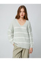 V-Neck Knitwear Sweater Long Sleeve Off-Shoulder Ribbed - 3