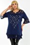 V-Neck Lace Detailed Stone Printed Short Sleeve Slit Blouse
