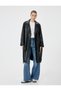 Faux Leather Long Trench Coat - Double Breasted, Pocketed and Buttoned - 2