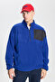Men's Cobalt Blue Oversize Loose Cut Stand-Up Bato Collar Pocket Detailed Zipper Cold-Proof Fleece Sweatshirt