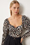 Women's Beige Brown Leopard Patterned Heart Collar Crop Knitted Blouse Ff00167