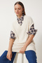 Women's Cream V-Neck Motif Long Knitwear Sweater Nv00072