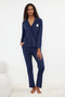 Lacivert %100 Pamuklu Penguen Baskılı Örme Pijama Takımı THMAW23PT00151 - 2