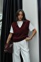 Claret Red V-Neck Corded Edged Sleeveless Sweater - 4