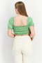 Women Sweetheart Neck Puffed Sleeve Smocked Crop Top, Green - 3
