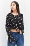 Women Round Neck Long Sleeve Allover Print Blouse, Black