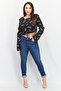 Women Round Neck Long Sleeve Allover Print Blouse, Black - 2