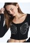 Lcw Vision Black Crew Neck Rhinestone Long Sleeve Women's Cardigan
