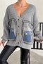 Women's Gray Oversize Knitwear Cardigan Standard Size Buttoned Jeans with Pocket Detail