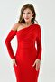Women's Red Stretch Fabric Buttoned Shoulder Design Long Sleeve Midi Dress 4423 - 6