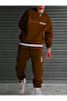 3 İplik Balance Sweatshirt Sweatpants Jogger - Brown Printed Sweatpants Set Crew Neck - 3