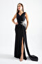Women's Black Slim Fit Double-Breasted Collar Stone Evening Dress