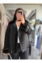 Women's Black Suede Plush Detailed Sleeve Buckle Coat - 3