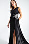 Women's Black Slim Fit Double-Breasted Collar Stone Evening Dress - 3