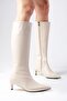 Carolina Beige Color Zippered, Thin Faux Fur Lined Short Heeled Women's Boots - 2