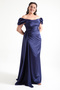 Women's Navy Blue Boat Neck Trained Long Satin Evening Dress & Graduation Dress - 4