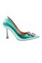 Women's Pointed Toe Crystal Stone Heeled Shoes Green Metallic 101633236