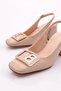 Women's B Buckle Open Back Heeled Shoes Light Beige 2172112621 - 4