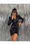 Women's Black Lame Fabric Lining Gather Detail Design Mini Dress