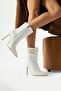 V Buckle Detailed Zippered White Patent Leather Women's Boots - 3
