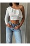 Women's Blouse - Single Shoulder Chain Detail Long Sleeve Wrap Blouse with Gips on the Front - 2