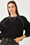 Women's Black Piping Detailed Three-Thread Ribbed Sweatshirt 60251895 - 7