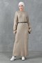 Modest Crew Neck Off Shoulder Long Sleeve Oversize Fit Mink Knitwear Hijab Dress with Belt 4097 - 6