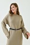 Mink Knitwear Midi Dress - Crew Neck, Off-Shoulder, Long Sleeve and Belt 4097 - 2