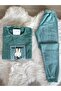 Green Rabbit Patterned Fleece Pajama Set - 3