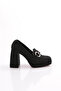 Women's Blunt Toe Buckle Platform Heeled Shoes Black Lycra 110623327
