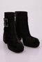 Women's Crystal Stone Buckle Blunt Toe Zipper Heeled Boots Black Velvet 23133166 - 2