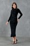 Flexible Velvet Fabric Gather Detailed Wide Collar Long Sleeve Midi Length Black Velvet Dress 3660