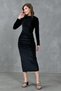 Flexible Velvet Fabric Gather Detailed Wide Collar Long Sleeve Midi Length Black Velvet Dress 3660 - 6