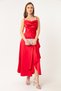 Women's Red Flounce Slit Satin Midi Length Evening Dress & Graduation Dress