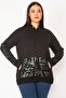 Women's Large Size Black Lacquer Print and Mesh Detailed Hooded Kangaroo Pocket Sweatshirt 65n28358 - 5