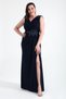 Women's Navy Blue V-Neck Long Evening Dress with Stone Detail on the Shoulders in Large Size
