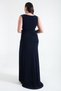 Women's Navy Blue V-Neck Long Evening Dress with Stone Detail on the Shoulders in Large Size - 5