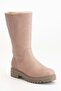Women's Genuine Leather and Fur Lined Zippered Long Boots - Stone - 4