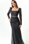 Women's Black Square Neck Stone Belted Long Evening Dress - 2