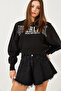Women's Black Three Thread Embroidered Oversize Sweatshirt Mb-4654 60251897 - 5