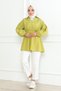 Women's Oil Green Satin Elastic Waist Shoulders Buttoned Flounced Skirt Detailed V-Neck Hijab Shirt