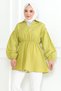 Women's Oil Green Satin Elastic Waist Shoulders Buttoned Flounced Skirt Detailed V-Neck Hijab Shirt - 3