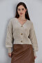 Women's Balloon Sleeve Knitted Patterned Crop Knitwear Stone Cardigan - 2