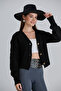 Women's Balloon Sleeve Knitted Patterned Crop Knitwear Black Cardigan - 3