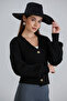 Women's Balloon Sleeve Knitted Patterned Crop Knitwear Black Cardigan - 5