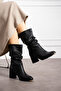 Black Skin Gusseted Comfortable Stylish Heeled Women's Boots with Drawstring Detail
