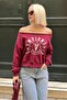Burgundy Boat Neck Printed Women's Sweatshirt Mg2205 - 4