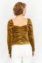 Women Square Neck Long Sleeve Velvet Ruched Detail Tops, Olive - 4