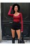 Women's Burgundy Open Collar Long Sleeve Bodysuit 28247 - 4
